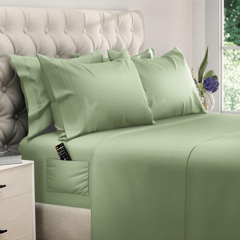 DREAMCARE DREAMCARE King Size Bed Sheets - 6 PCS King Bed Sheets - up to 15 in - Extra Soft Bed Sheets King - Hotel Draps Lit King Sheets Set with Pillowcases - Wrinkle & Fade Resistant (King  Sage Green)  - Image 1