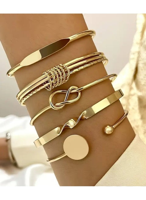 5pcs/set Bangle, Minimalist Geometric Round Glossy Alloy Bangle Bracelet, Retro Trendy Knotted Open Cuff Bangle Set For Women