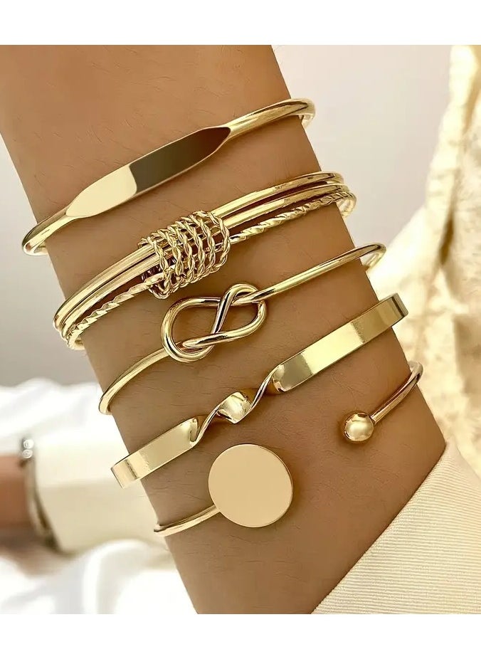 Goolsky 5pcs/set Bangle, Minimalist Geometric Round Glossy Alloy Bangle Bracelet, Retro Trendy Knotted Open Cuff Bangle Set For Women  - Image 1