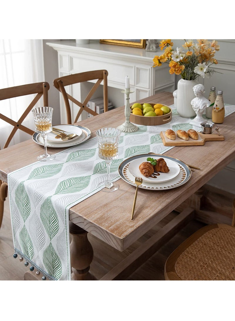 Barakah Cotton Linen Table Runner Spring Runners Farmhouse Green Leaves Macrame Coffee Runner with Handmade Tassels for Restaurant Hotel Cafe Home Kitchen Dining Holiday Wedding Party - Image 1