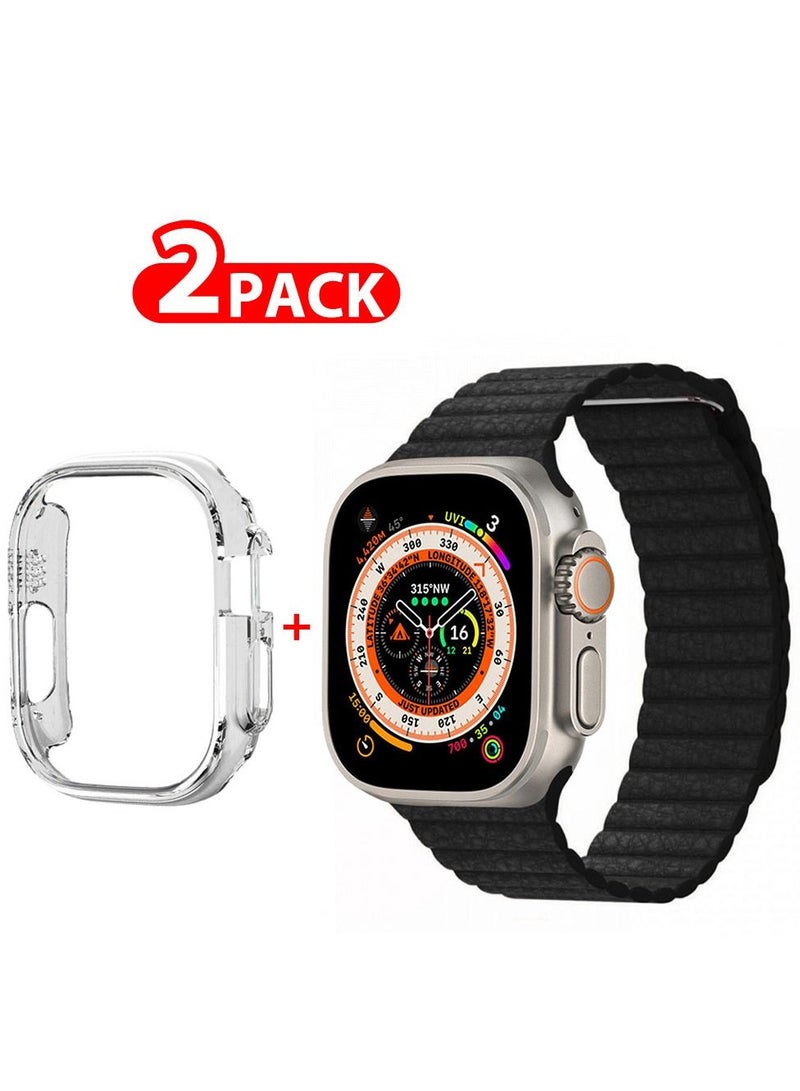 CATANES 2 Packs For Apple Watch Band 49mm Leather Loop Band Magnetic Watch Strap Wristband and Clear Cup Holder Black - Image 1