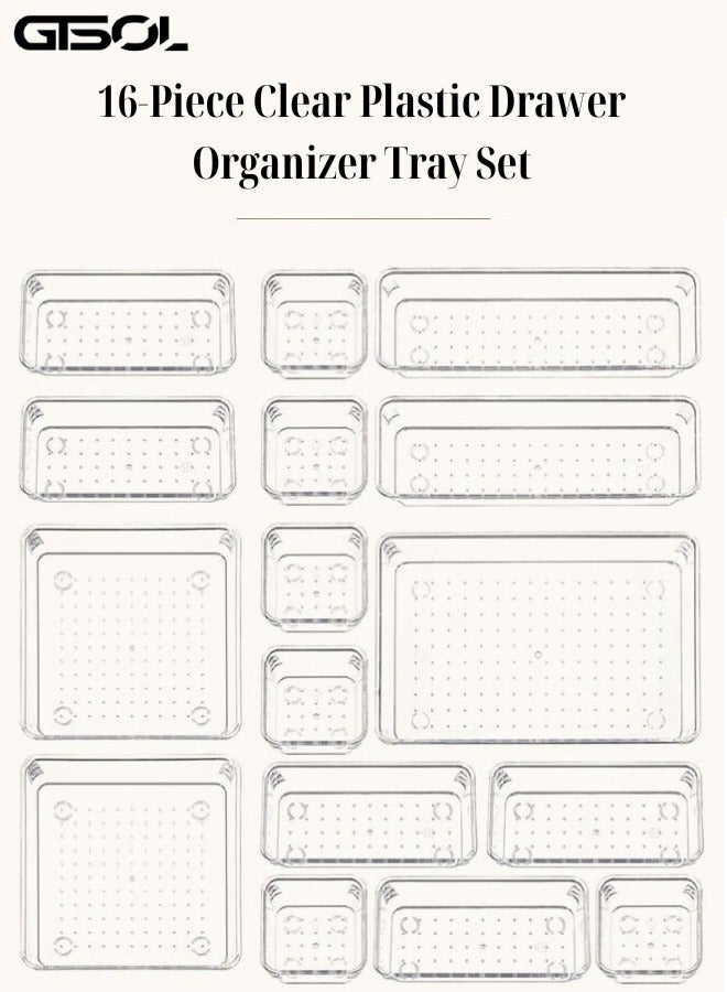 GTSOL 16-Piece Clear Plastic Drawer Organizer Tray Set – Multi-Size Interlocking Storage Bins for Kitchen, Bathroom, Office & Makeup - Image 1