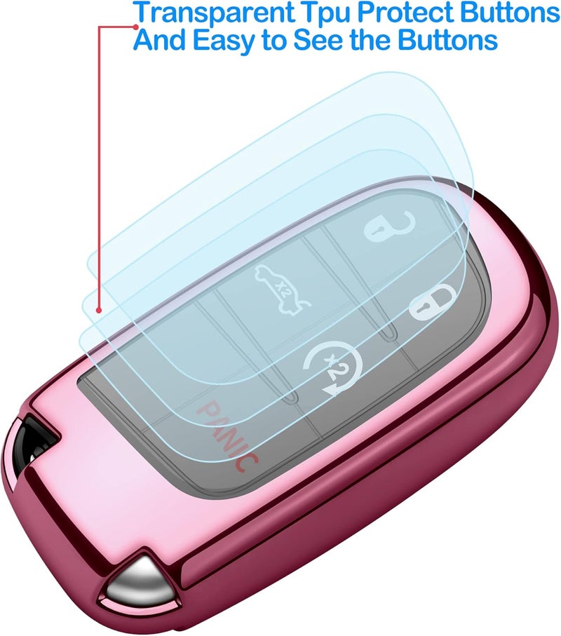 Autophone غطاء مفتاح جيب مع سلسلة مفاتيح جلدية - حماية ناعمة من TPU لجراند شيروكي، رينغيد، كرايسلر، دودج، فيات - وردي فاتح - Image 5