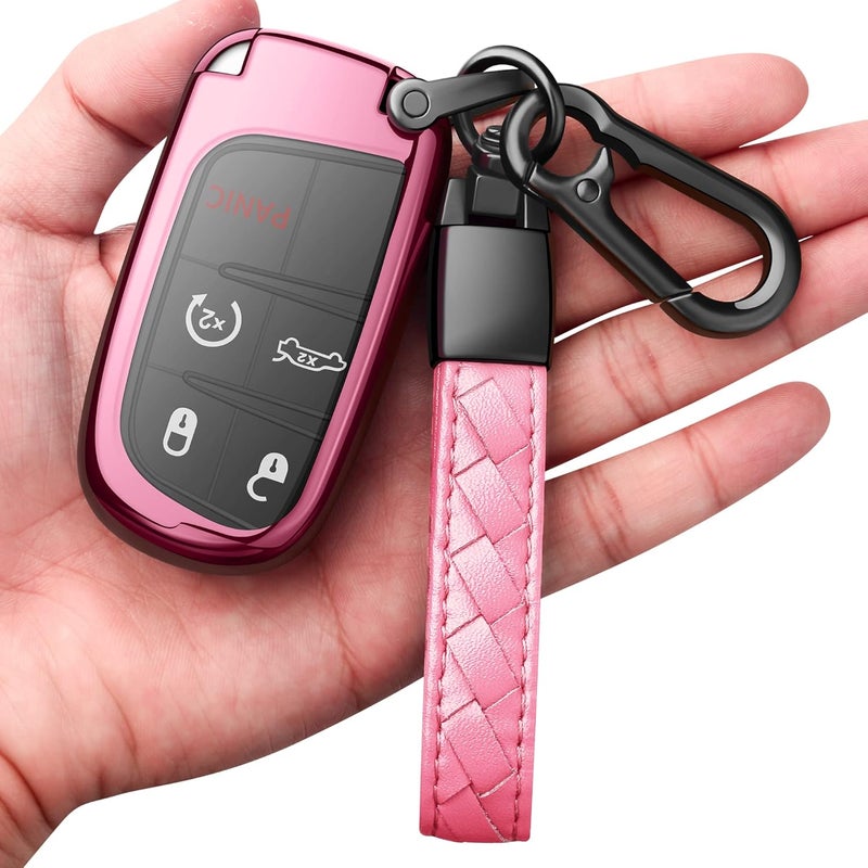 Autophone غطاء مفتاح جيب مع سلسلة مفاتيح جلدية - حماية ناعمة من TPU لجراند شيروكي، رينغيد، كرايسلر، دودج، فيات - وردي فاتح - Image 1