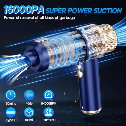 Eliane Handheld Car Vacuum Cleaner 16000PA, Cordless Portable 2-in-1 Air Duster and Vacuum with LED Light- 120W High Power Mini Vacuum, Multi-Nozzle Cleaner for Car, Home, Pet Hair & Office (Blue) - Image 2