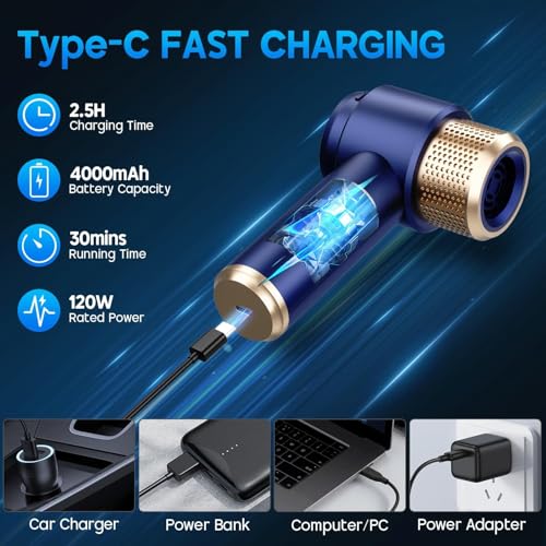 Eliane Handheld Car Vacuum Cleaner 16000PA, Cordless Portable 2-in-1 Air Duster and Vacuum with LED Light- 120W High Power Mini Vacuum, Multi-Nozzle Cleaner for Car, Home, Pet Hair & Office (Blue) - Image 5