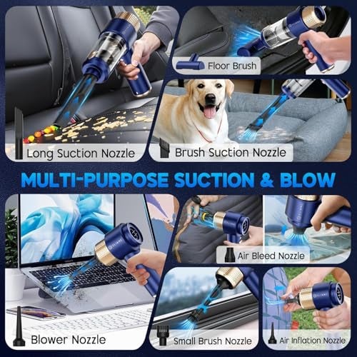 Eliane Handheld Car Vacuum Cleaner 16000PA, Cordless Portable 2-in-1 Air Duster and Vacuum with LED Light- 120W High Power Mini Vacuum, Multi-Nozzle Cleaner for Car, Home, Pet Hair & Office (Blue) - Image 4
