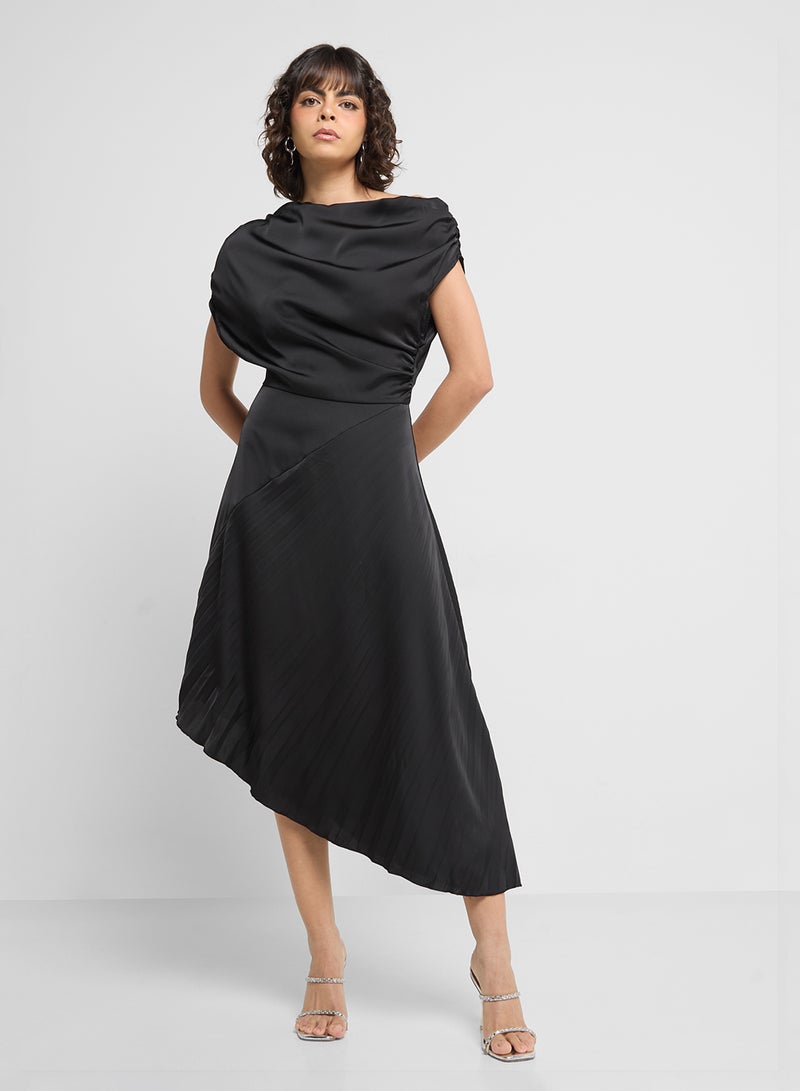 ELLA Slant Shoulder Draped Dress With Pleats - Image 1