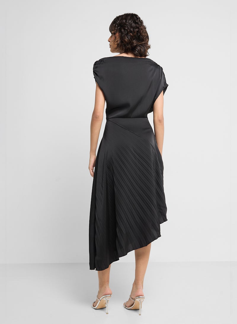 ELLA Slant Shoulder Draped Dress With Pleats - Image 2