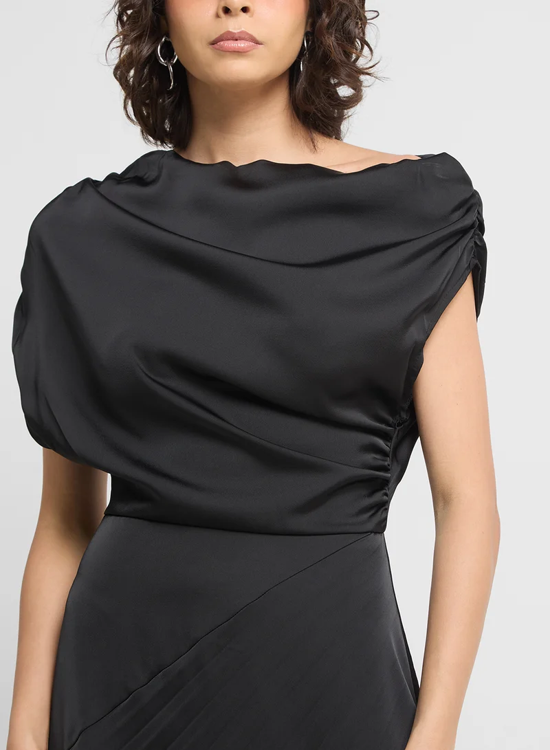 ELLA Slant Shoulder Draped Dress With Pleats