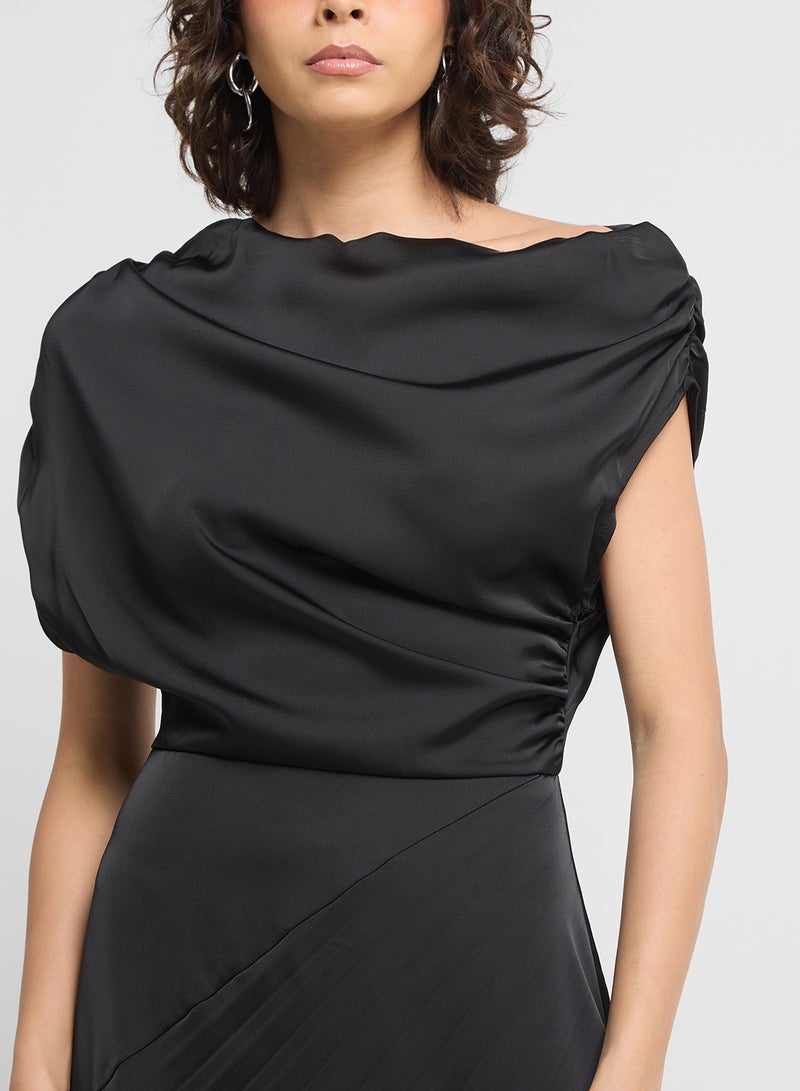 ELLA Slant Shoulder Draped Dress With Pleats - Image 3