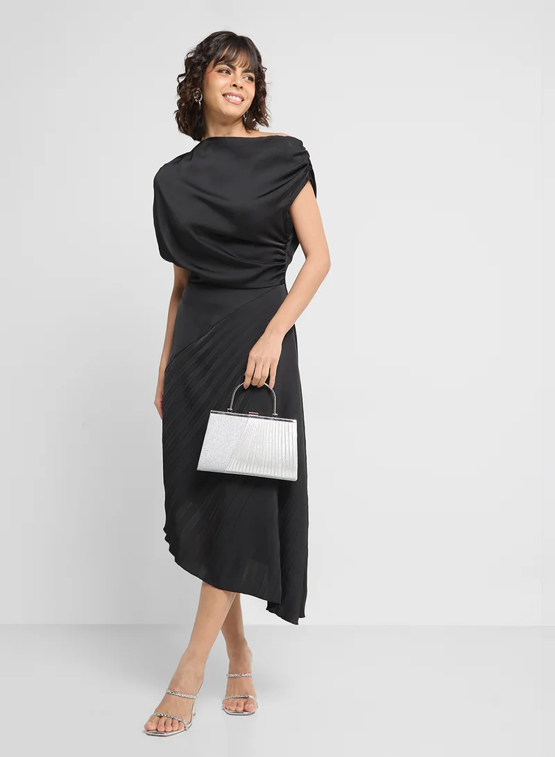 ELLA Slant Shoulder Draped Dress With Pleats
