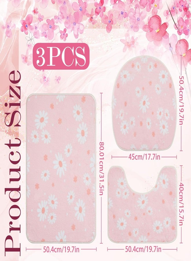 Tinideya طقم سجاد حمام من ثلاث قطع من تينيديا، مزين بنقشة زهور الأقحوان الوردية، سجادة حمام ناعمة، سجادة محيطية، وغطاء لمرحاض، سجادة أرضية مانعة للانزلاق، قابلة للغسل، ديكور حمام - Image 2