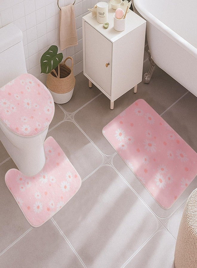 Tinideya طقم سجاد حمام من ثلاث قطع من تينيديا، مزين بنقشة زهور الأقحوان الوردية، سجادة حمام ناعمة، سجادة محيطية، وغطاء لمرحاض، سجادة أرضية مانعة للانزلاق، قابلة للغسل، ديكور حمام - Image 1