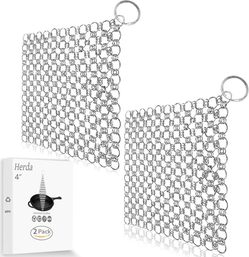 Herda 2Pack 4" Chain Mail Cast Iron Cleaner Scrubber, 316 Chainmail Scrubber Cast Iron Skillet Cleaning Brush, Chainmail Scrubbing Metal Scrub Tool to Clean Dutch Oven Carbon Steel Wok Grill Pan Pot - Image 1