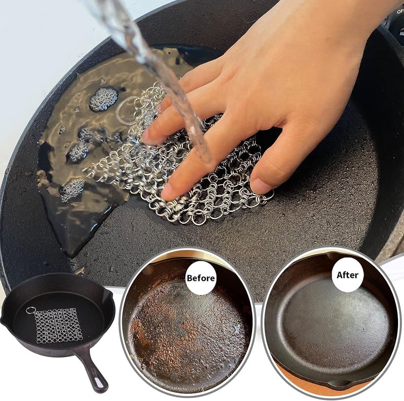 Herda 2Pack 4" Chain Mail Cast Iron Cleaner Scrubber, 316 Chainmail Scrubber Cast Iron Skillet Cleaning Brush, Chainmail Scrubbing Metal Scrub Tool to Clean Dutch Oven Carbon Steel Wok Grill Pan Pot - Image 4