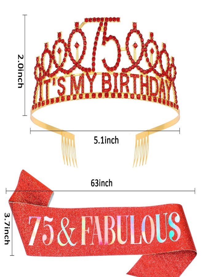 Hapdoo 75th Birthday Decorations for Women, 75th Birthday Gits for Her Party Decorations Set- Crown Tiara and Sash with 75 & Fabulous, Red - Image 3