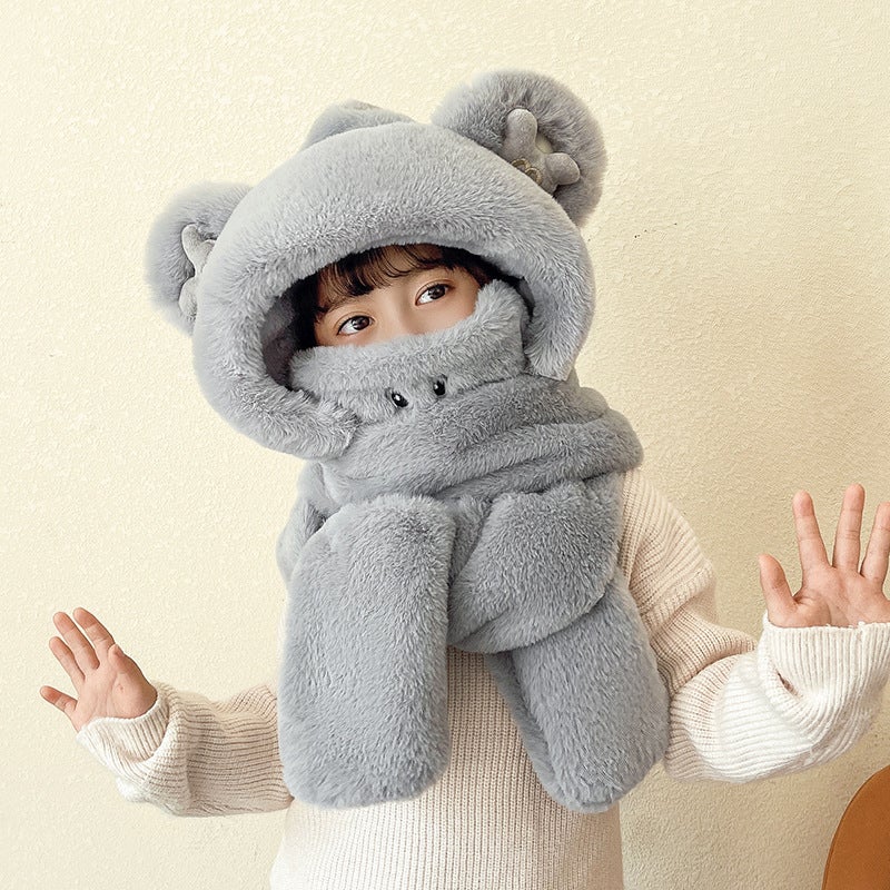 Cute Bear Hat Scarf Gloves Set Winter Warm Plush Gray (children's version) - Image 1