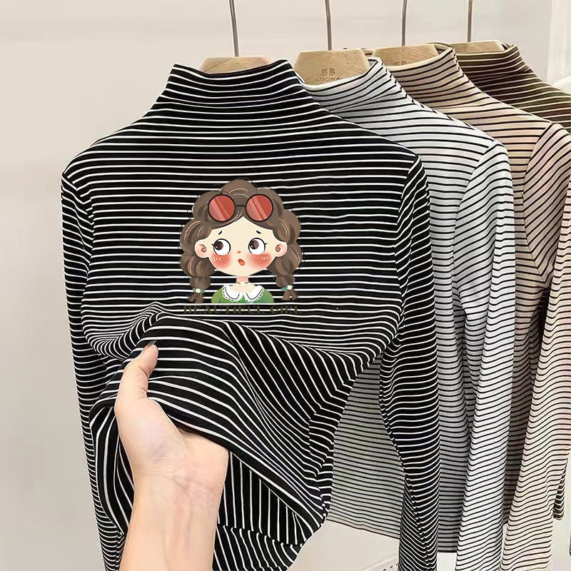 Boys And Girls Velvet Versatile Striped T-Shirt Base Shirt Half High Neck Warm Simple Versatile Children'S T-Shirt - Image 1