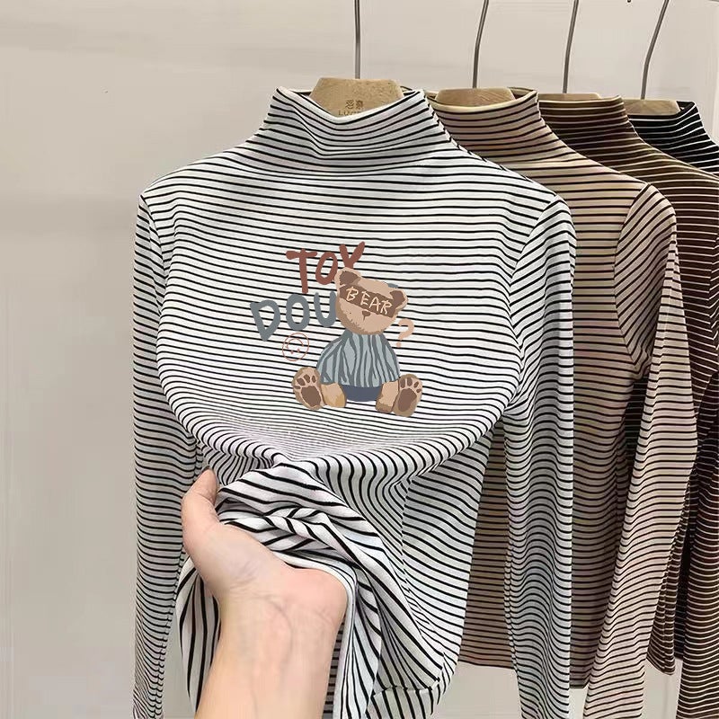 Boys And Girls Velvet Versatile Striped T-Shirt Base Shirt Half High Neck Warm Simple Versatile Children'S T-Shirt - Image 5