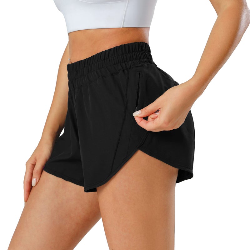 Aurefin Athletic Shorts for Women,Women's Quick Dry Workout Sports Active Running Track Shorts with Elastic and Zip PocketsBlack/Small - Image 3