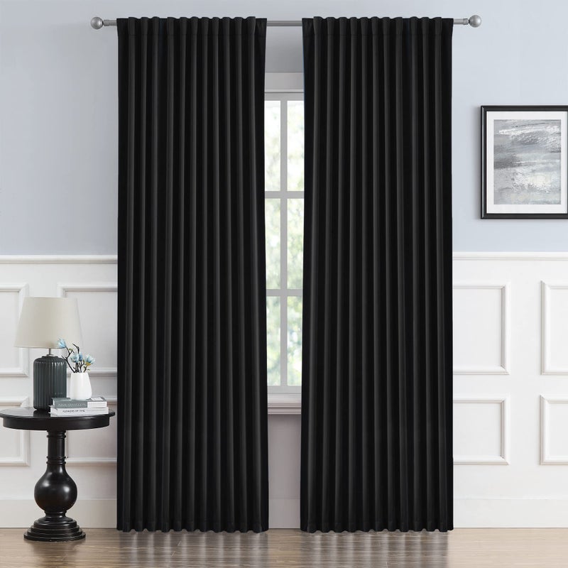DUALIFE Black Curtains for Sliding Glass Door Pinch Pleated for Track System Blackout Temporary Curtain for Windows Room Divider Patio Door Back Tab Loop Pocket 2 Panels W70 x L84