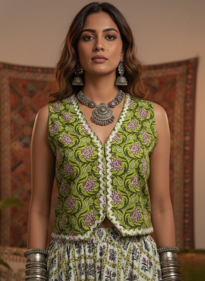 WineRed Floral Printed Pure Cotton Waistcoat and Skirt Co-Ord Set - Image 4