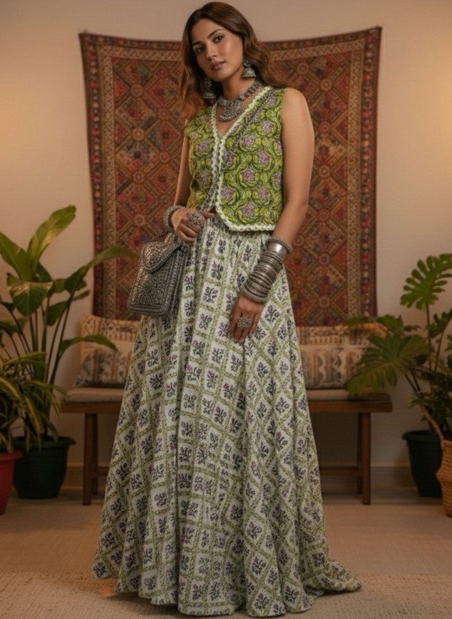 WineRed Floral Printed Pure Cotton Waistcoat and Skirt Co-Ord Set - Image 3