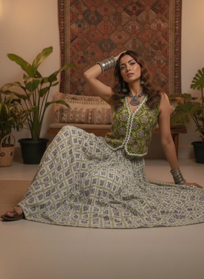 WineRed Floral Printed Pure Cotton Waistcoat and Skirt Co-Ord Set - Image 2