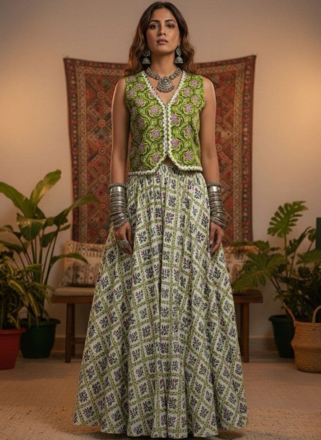 WineRed Floral Printed Pure Cotton Waistcoat and Skirt Co-Ord Set - Image 1
