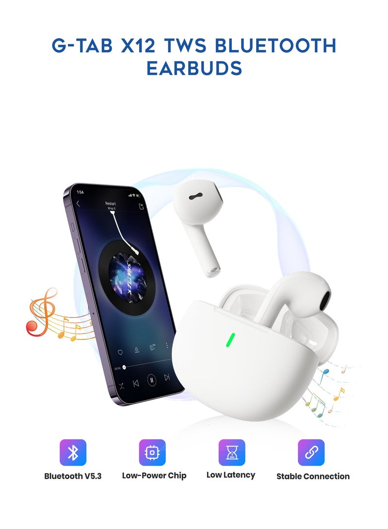 G-Tab X12 TWS Bluetooth Earbuds Wireless Earphones Bluetooth 5.3, Touch Control, Stereo Sound, 13mm Driver, Mic, 300mAh Charging Case, Type-C – White - Image 5