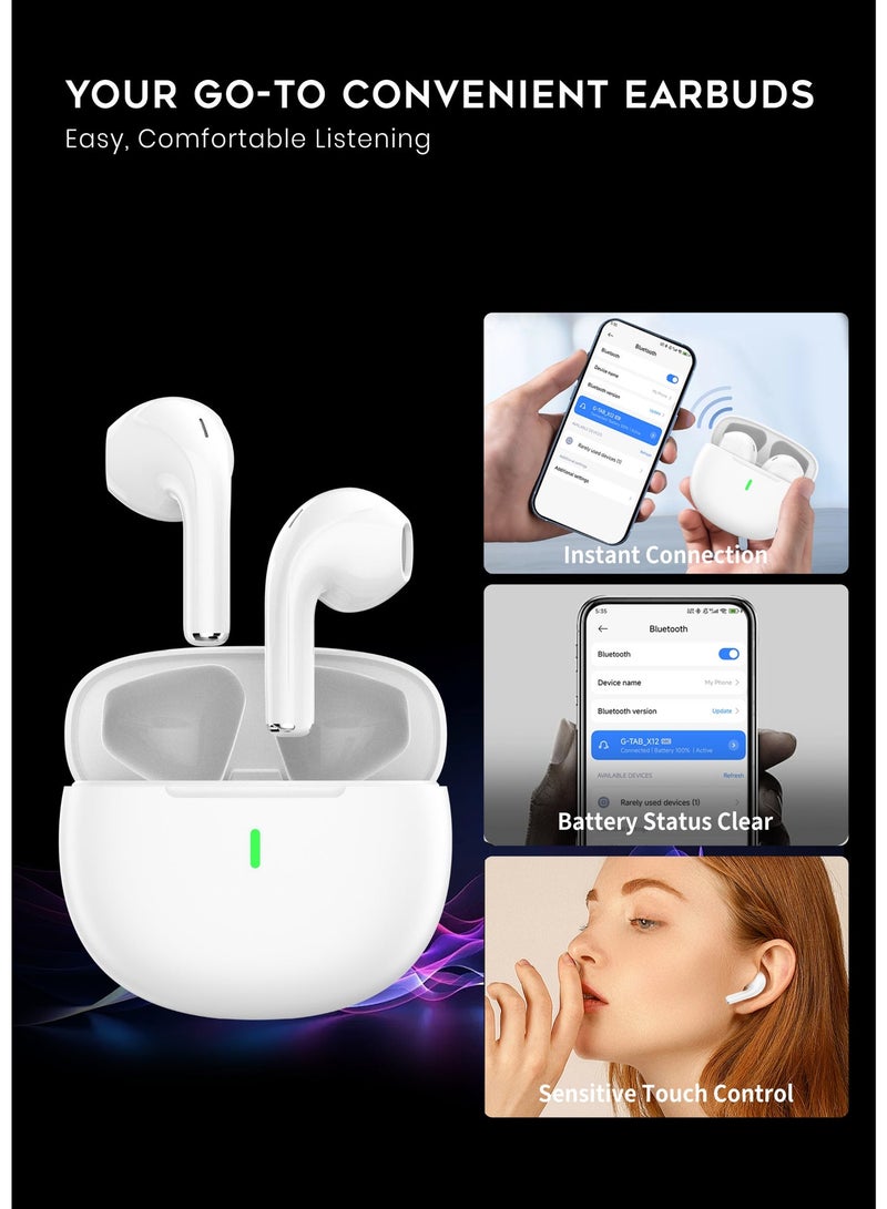 G-Tab X12 TWS Bluetooth Earbuds Wireless Earphones Bluetooth 5.3, Touch Control, Stereo Sound, 13mm Driver, Mic, 300mAh Charging Case, Type-C – White - Image 2