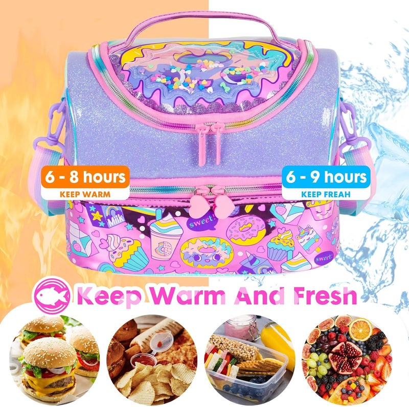 Kids Double Decker Cooler Insulated Lunch Bag Large Tote for Boys, Girls, Men, Women, with Adjustable Strap, Dessert - Image 4