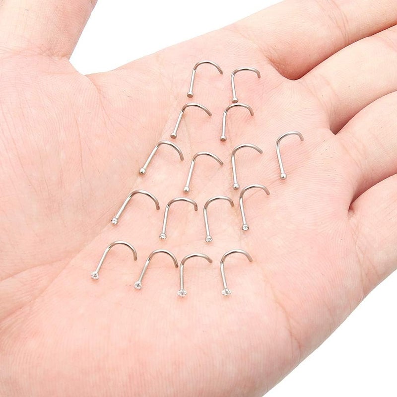 Hoeudjo Nose Studs Surgical Steel Cubic Zirconia Nose Rings Piercing Kit for Women Men Screw & Bone & L Shaped Nostril Rings Jewelry 20 Gauge 16 Pieces - Image 3