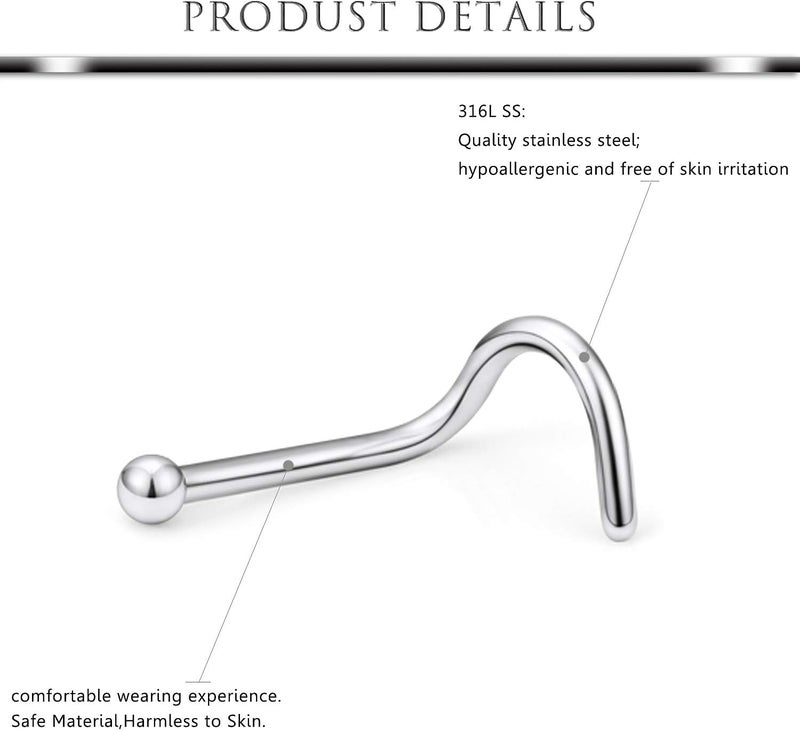 Hoeudjo Nose Studs Surgical Steel Cubic Zirconia Nose Rings Piercing Kit for Women Men Screw & Bone & L Shaped Nostril Rings Jewelry 20 Gauge 16 Pieces - Image 2