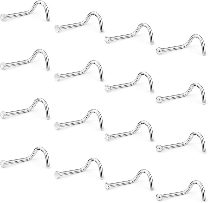 Hoeudjo Nose Studs Surgical Steel Cubic Zirconia Nose Rings Piercing Kit for Women Men Screw & Bone & L Shaped Nostril Rings Jewelry 20 Gauge 16 Pieces - Image 1