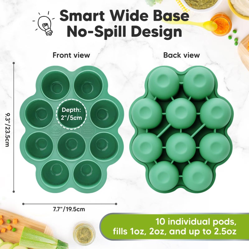 KeaBabies Silicone Food Freezer Trays with Lid, 2oz x 10 Pods Baby Food Storage Containers, Easy Puree Meal Prep, Breast Milk Silicone Freezer Molds, Dishwasher,Microwave Safe,BPA-Free(Alpine Green) - Image 2