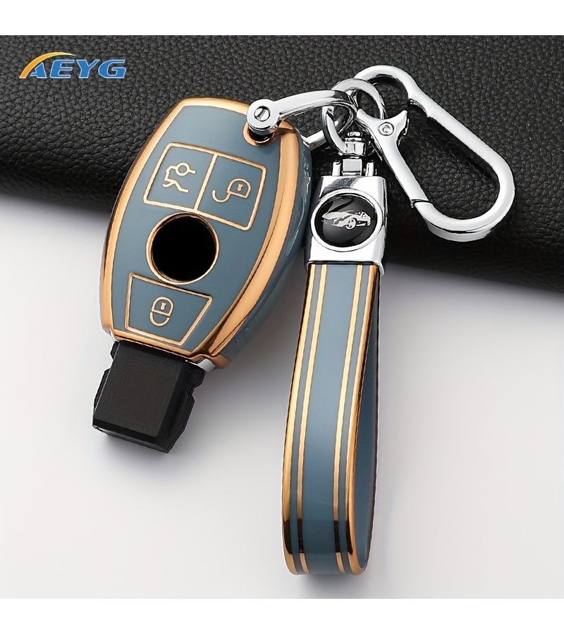 3 أزرار حافة ذهبية غطاء حماية لجزء المفتاح الرمادي مع ملصق شعار السيارة لطرازات C E S CLS CLA GLA GLC - Image 3