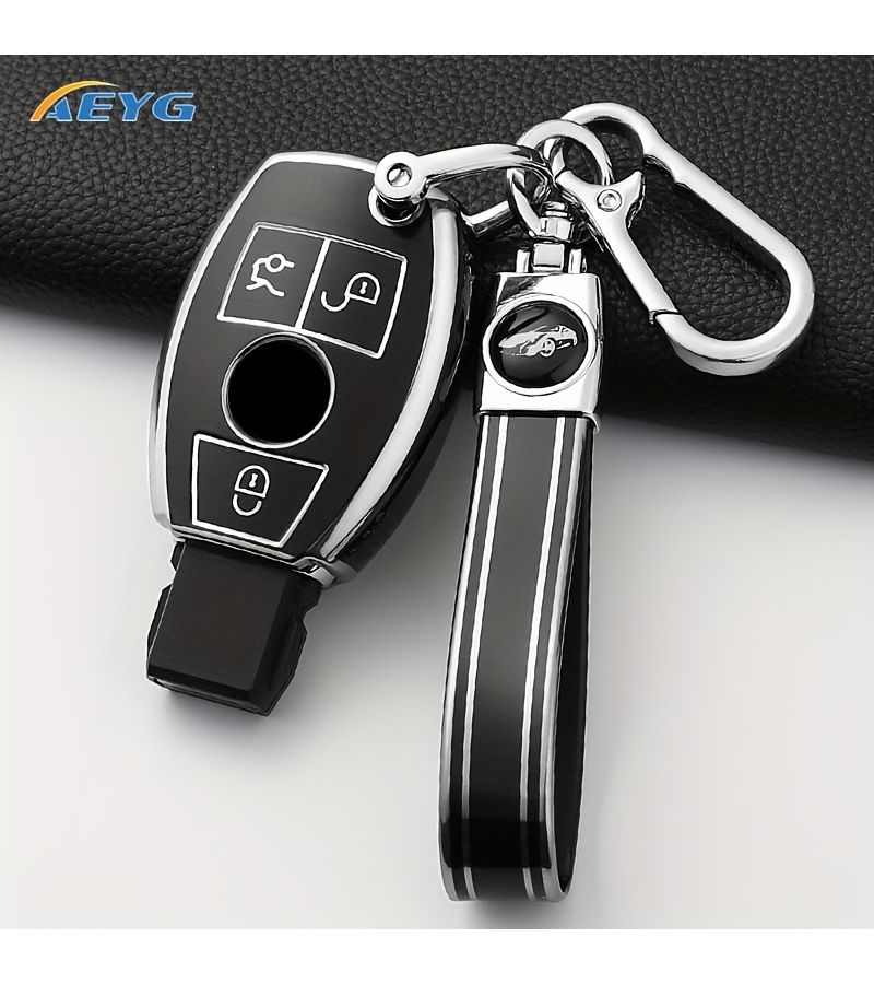 3 أزرار حافة ذهبية غطاء حماية لجزء المفتاح الرمادي مع ملصق شعار السيارة لطرازات C E S CLS CLA GLA GLC - Image 4