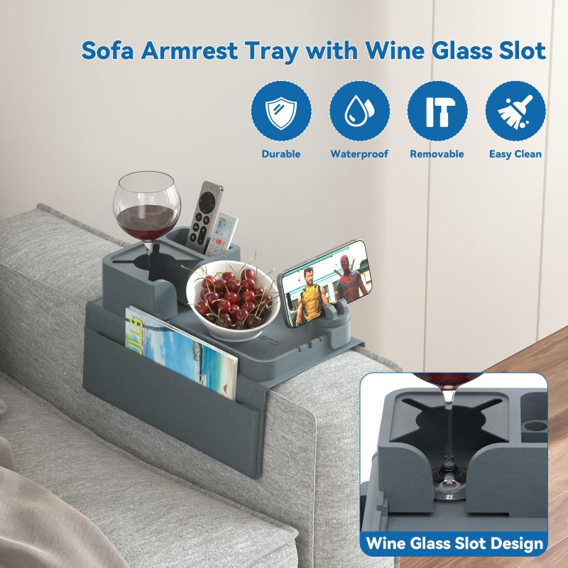 CLESOO Couch Arm Cup Holder CLESOO Couch Arm Tray Anti-Slip Couch Cup Holder Silicone Sofa Armrest Tray Dual Side Pocket Couch Drink Holder Sofa Caddy Arm Remote Holder Snack Caddy with Phone Holder Blue - Image 3