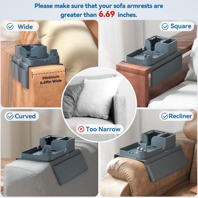 CLESOO Couch Arm Cup Holder CLESOO Couch Arm Tray Anti-Slip Couch Cup Holder Silicone Sofa Armrest Tray Dual Side Pocket Couch Drink Holder Sofa Caddy Arm Remote Holder Snack Caddy with Phone Holder Blue - Image 2