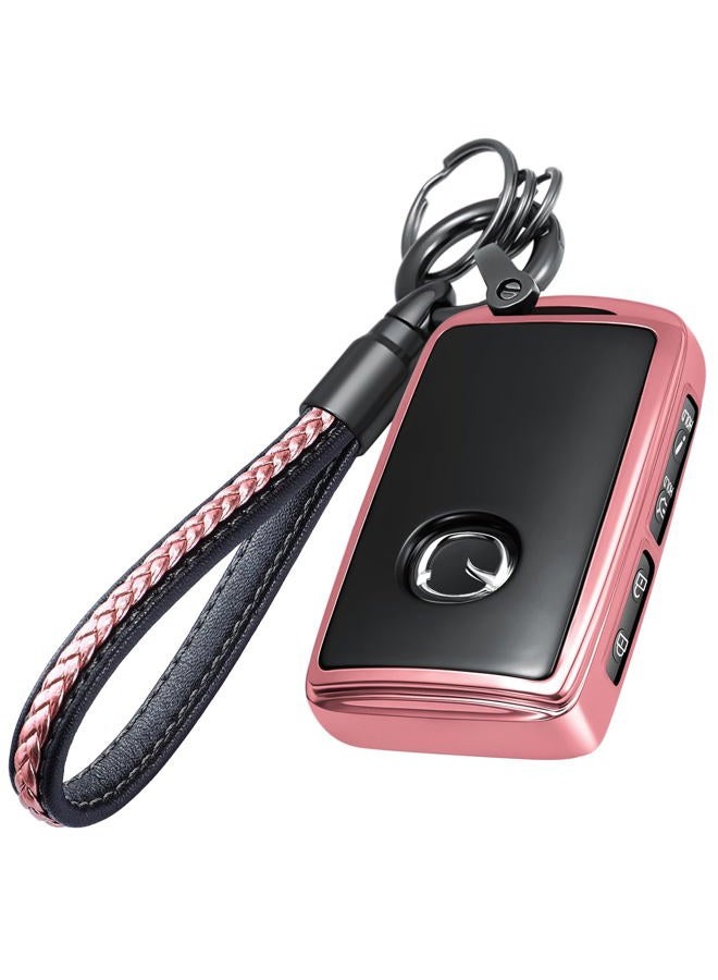 Lcyam Key Fob Cover Case Key Holder with Leather Keychain for Mazda 2024 2022 2023 3 6 CX-30 CX-5 CX-9 (Rose Gold) - Image 1
