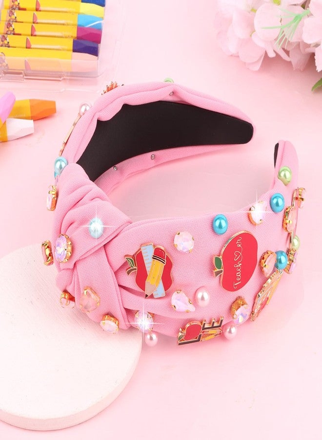 Semato Teacher Headband for Women Girl Back To School Outfits Teacher Appreciation Gifts Hair Accessories Crystal Pearl Wide Knotted Headband (Pink) - Image 3