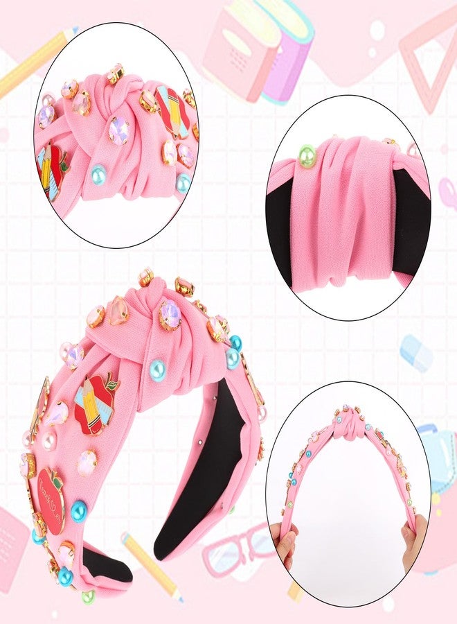 Semato Teacher Headband for Women Girl Back To School Outfits Teacher Appreciation Gifts Hair Accessories Crystal Pearl Wide Knotted Headband (Pink) - Image 2