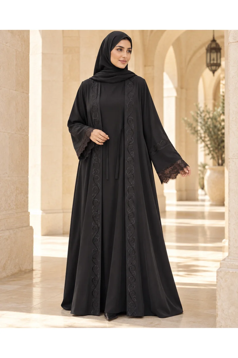 Kavalee Women's Black Embroidered Abaya with Lace Cuffs, Attached Innerwear & Black Hijab