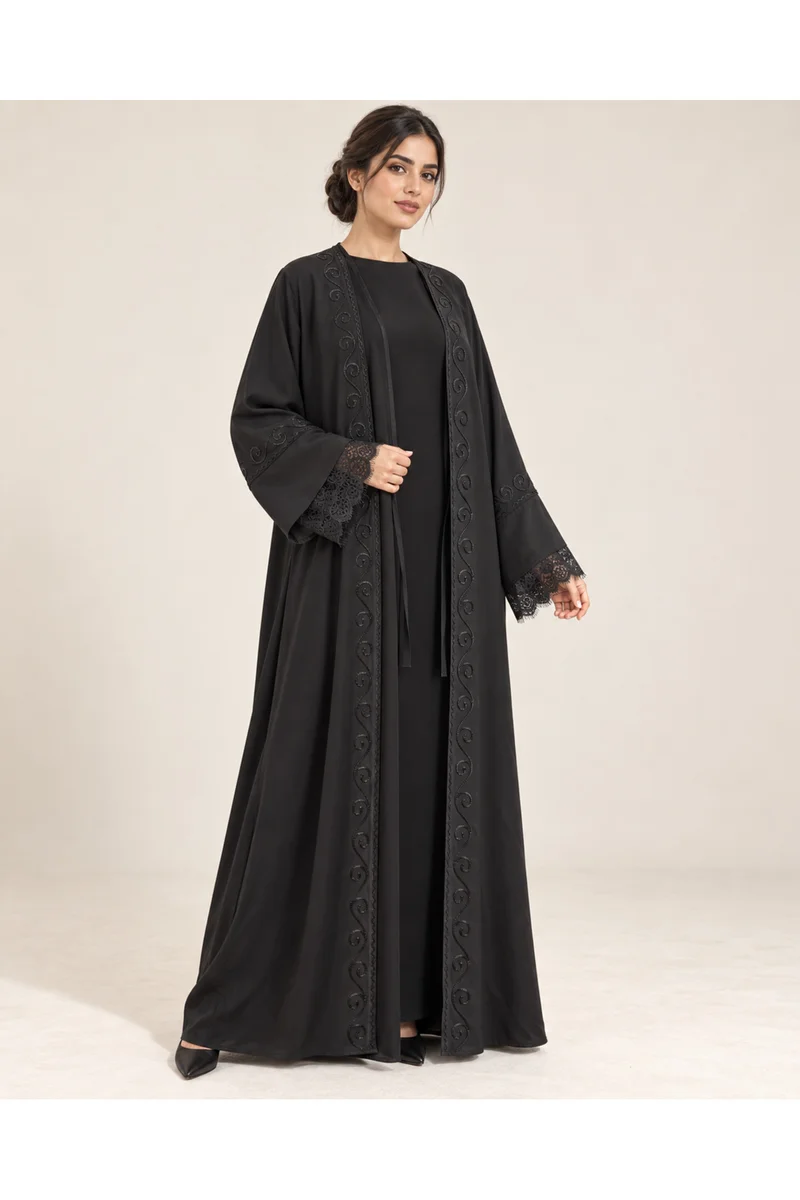 Kavalee Women's Black Embroidered Abaya with Lace Cuffs, Attached Innerwear & Black Hijab