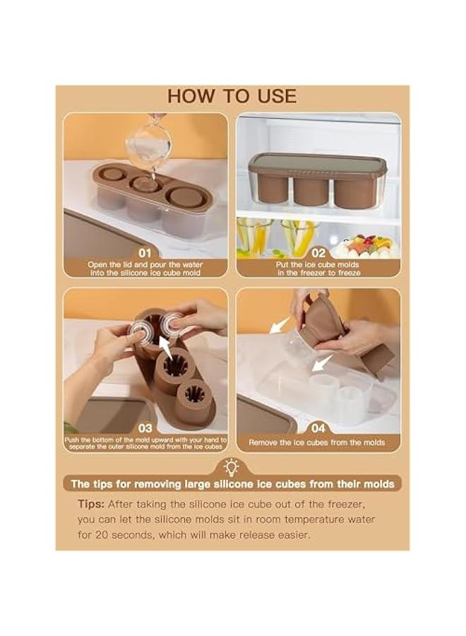 HOOKOR Ice Cube Tray for Tumbler Cup,3 Pcs Silicone Cylinder Ice Mold with Lid and Bin for Freezer,for Chilling Drink,Juice,Whiskey,Cocktail,Coffee,Easy Fill and Release Ice Maker,Summer Gifts (Brown  - Image 4