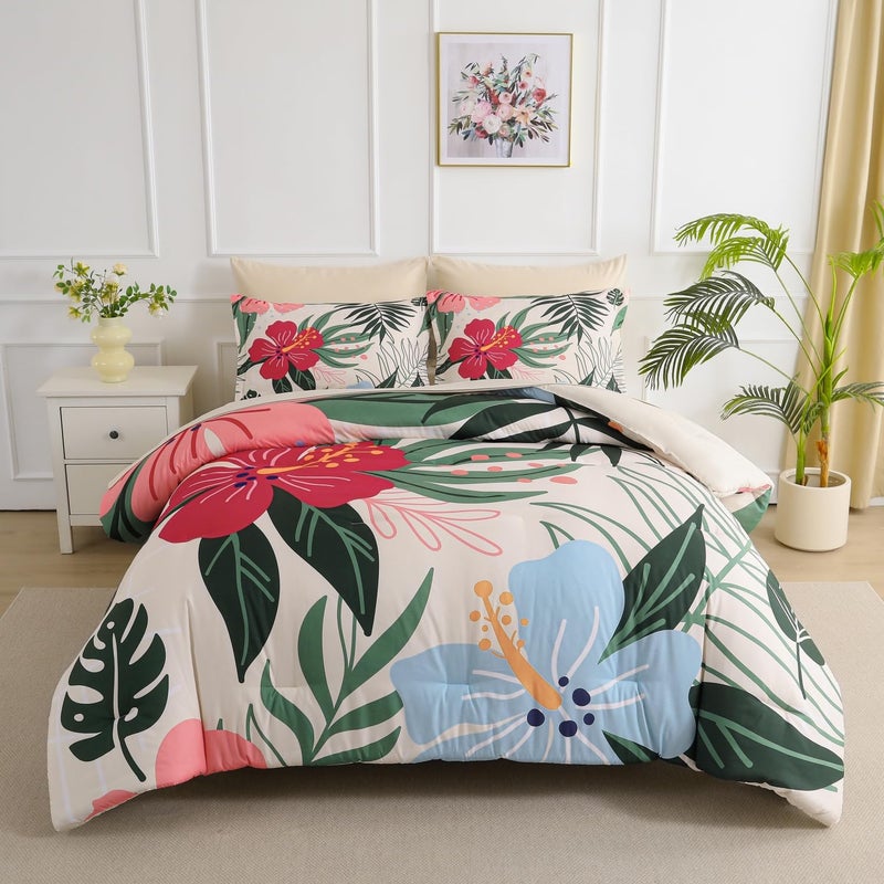 Yogeneg 7 Piece Bed in a Bag Queen Size Comforter Set Beige Bedding SetPink Floral Green Leaves Pattern Reversible DesignSoft Microfiber Comforter with Sheet SetAll SeasonBeigeQueen