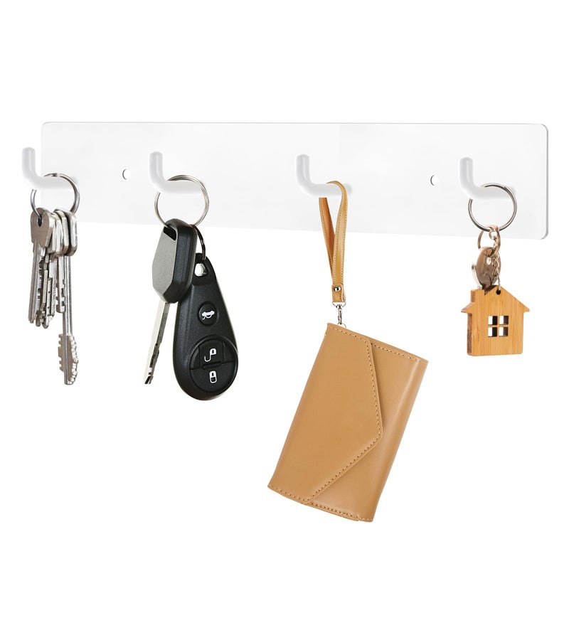 RELBRO Key Holder Wall Mount, Large Metal Self Adhesive Key Rack with 4 Hooks, 2 Installation Options, White - Image 1