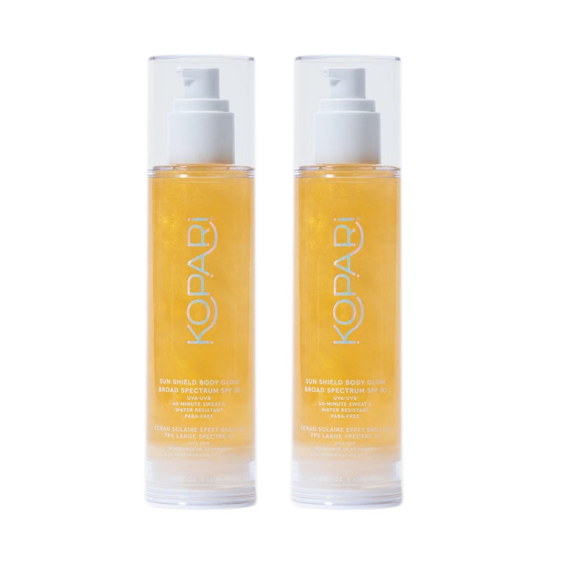 Kopari Sun Shield Body Glow, Broad Spectrum SPF 50, Lightweight Shimmering Gel Texture Absorbs Quickly, Non Sticky, Glowing Results, Gold 2 Pack - Image 1